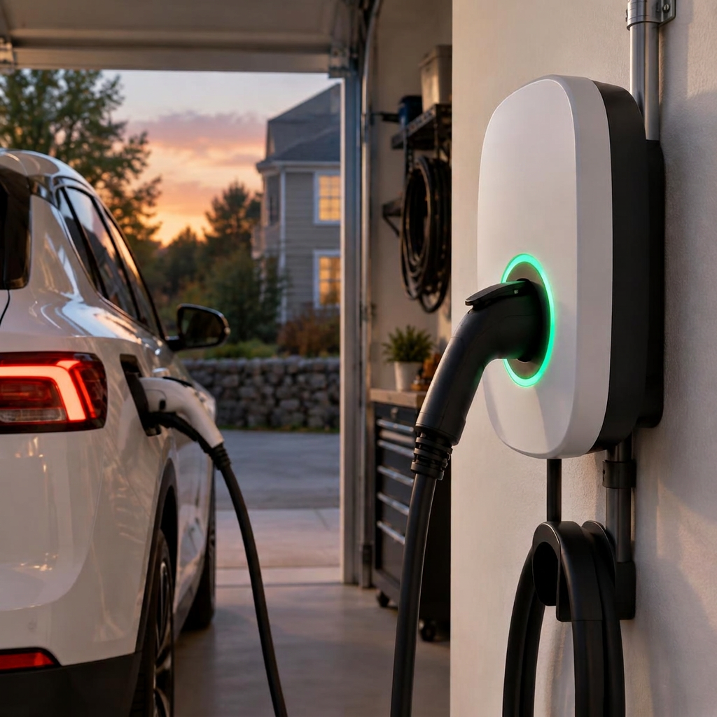 Level 2 home EV wall charger charging an electric car in a Massachusetts garage