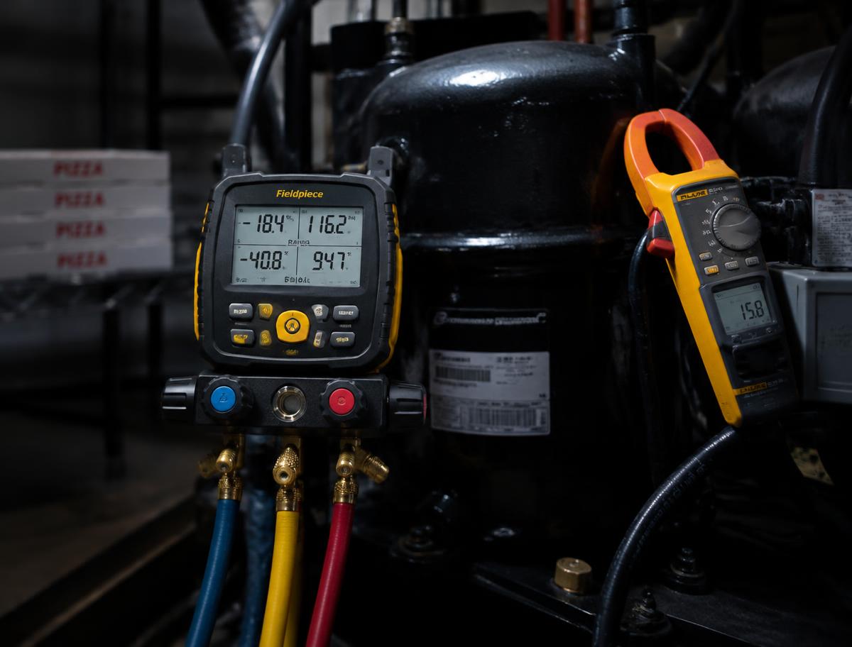 Digital refrigeration gauges and clamp meter on a walk-in freezer compressor