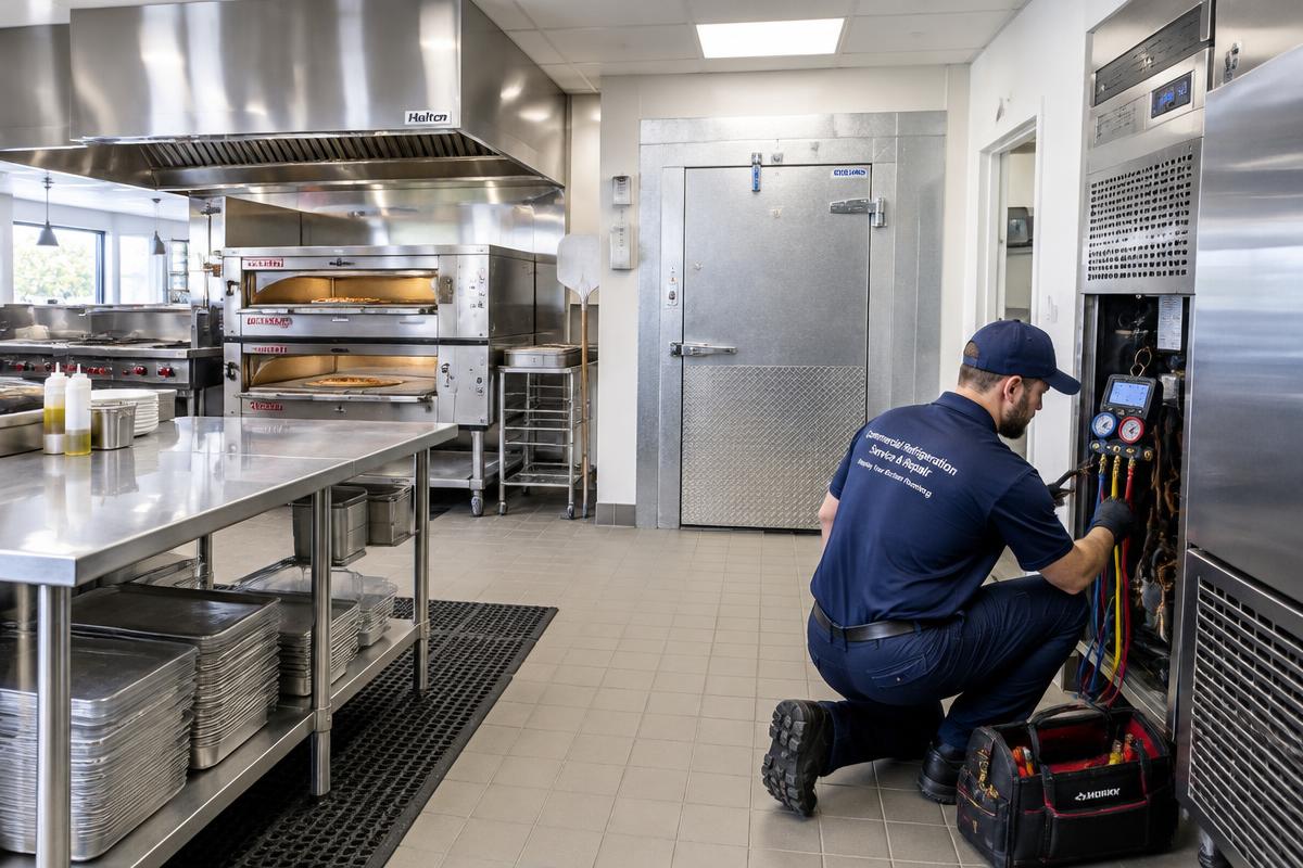 Technician servicing refrigeration in a commercial restaurant kitchen