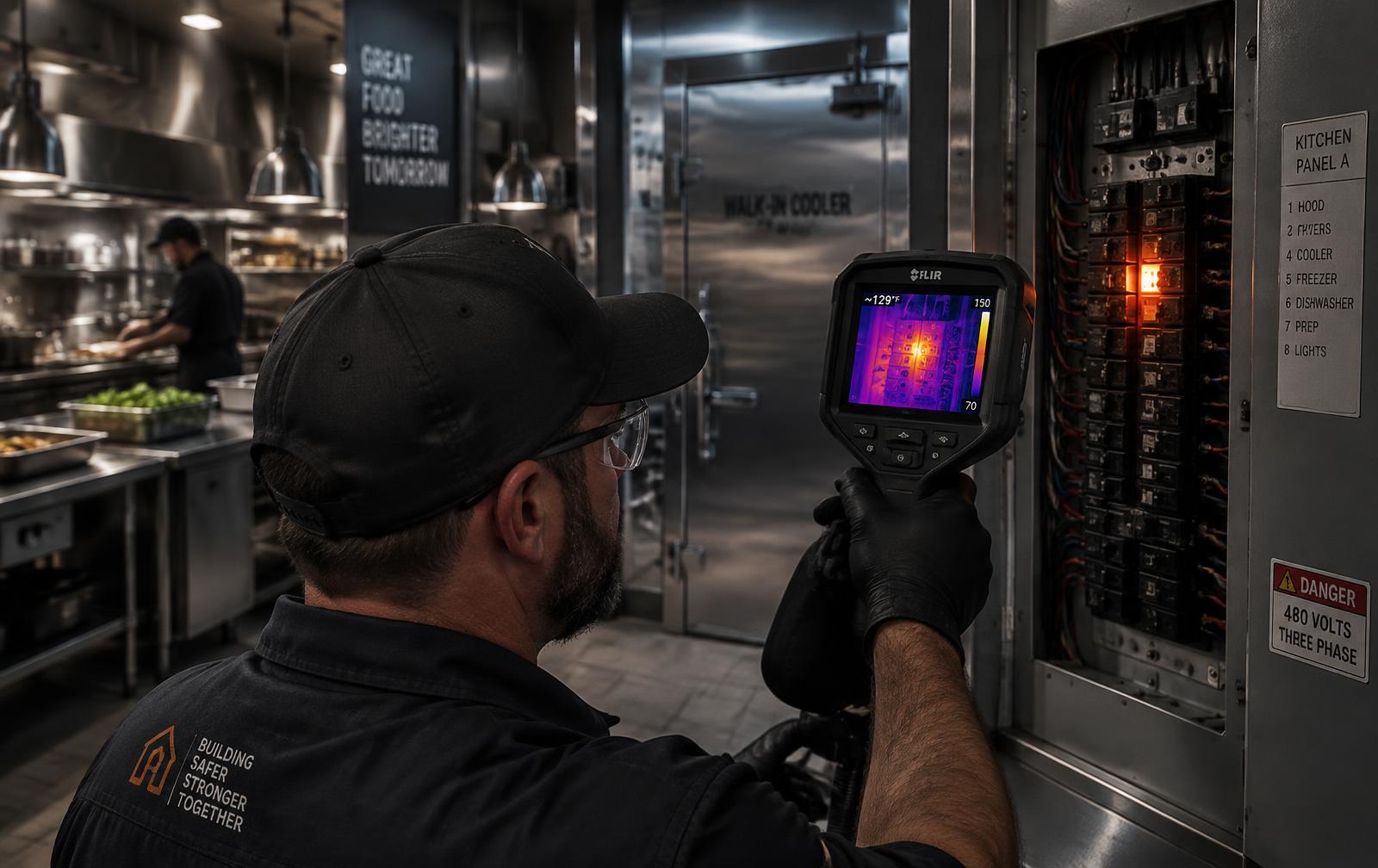 Technician using a thermal imaging camera on a restaurant electrical panel