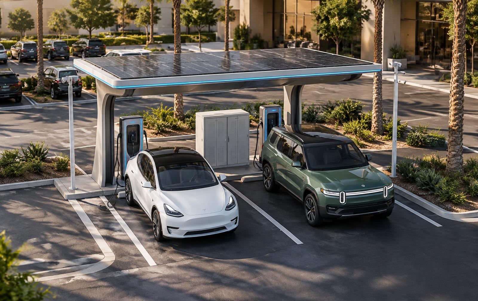 Aerial view of the PowerBay 2-stall EV station with a Tesla and a Rivian at a hotel in Irvine, California